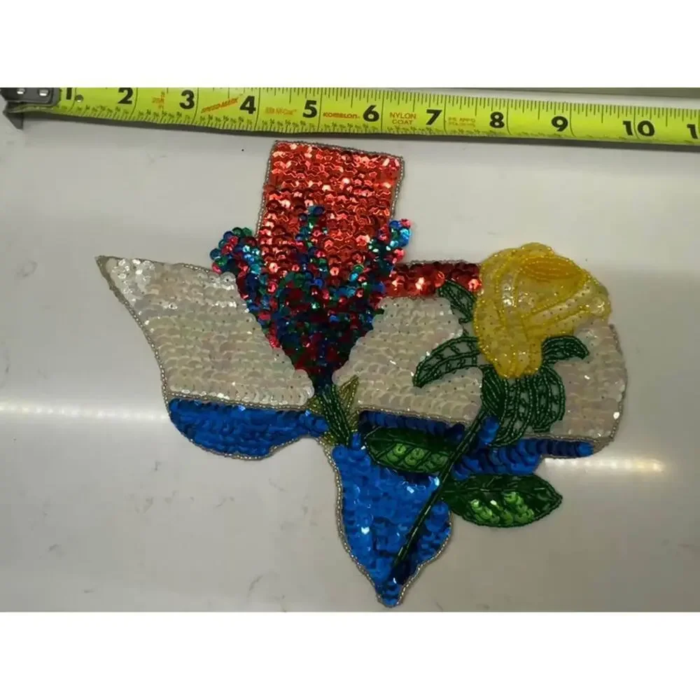 Vintage New Texas Yellow Rose Paintbrush Wildflower Sequin Beaded Patch Appliqué
